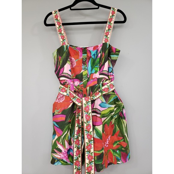 FARM Rio Pants - FARM RIO Jardin De Reve Linen Blend Romper Medium Floral Tropical Cruise Boho